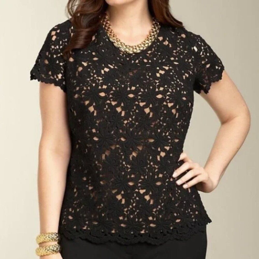 Talbots Lace Overlay Top Womens 14 Black/Tan Short Sleeve Crochet Scalloped